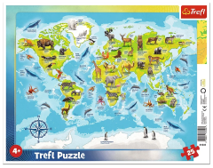 Пазли 25 елементів (Рамкові) - Карта Світу з тваринами / Trefl